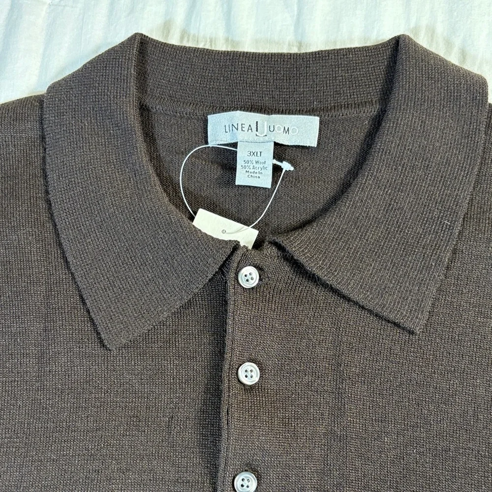 Linea Uomo‎ Men's 3XLT Chocolate Brown Wool Blend Long Sleeve Polo Sweater NWT